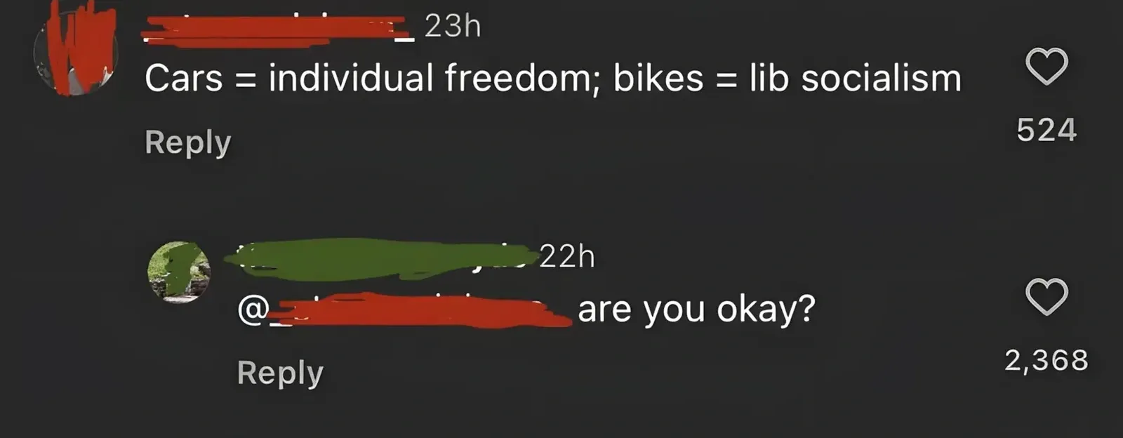 TikTok/Instagram comment thread. Two comments. First (username redacted, 23h): "Cars = individual freedom; bikes = lib socialism". Reply (username redacted, 22h): "are you okay?"