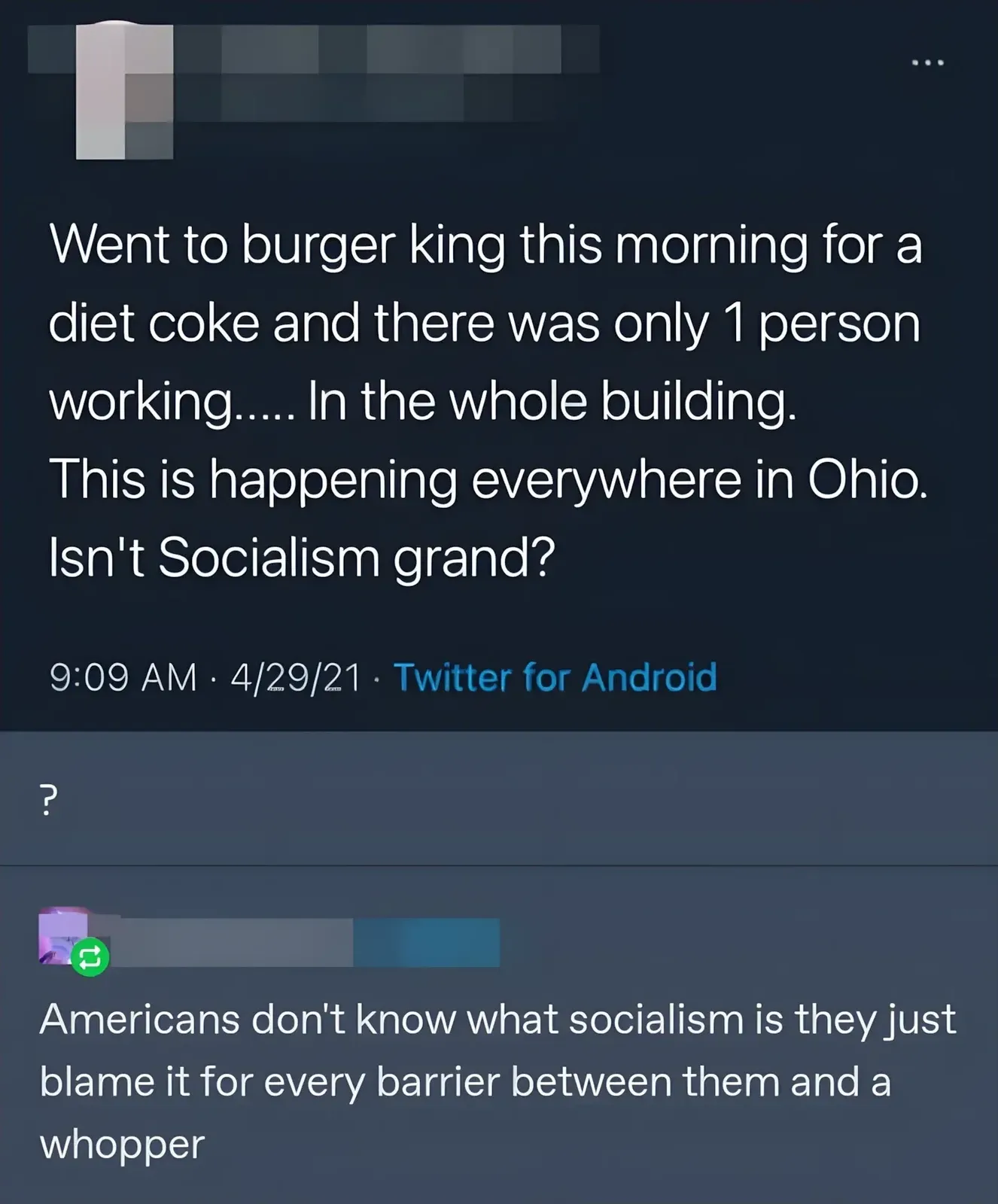 Twitter/X thread. Top tweet (username redacted): "Went to burger king this morning for a diet coke and there was only 1 person working..... In the whole building. This is happening everywhere in Ohio. Isn't Socialism grand?" 9:09 AM, 4/29/21. Reply: "?" Reply below (username redacted): "Americans don't know what socialism is they just blame it for every barrier between them and a whopper"