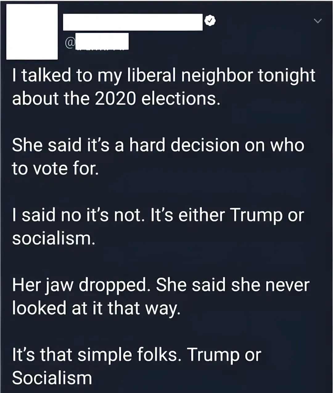Twitter/X post (username/avatar redacted, verified). Text: "I talked to my liberal neighbor tonight about the 2020 elections. She said it's a hard decision on who to vote for. I said no it's not. It's either Trump or socialism. Her jaw dropped. She said she never looked at it that way. It's that simple folks. Trump or Socialism"