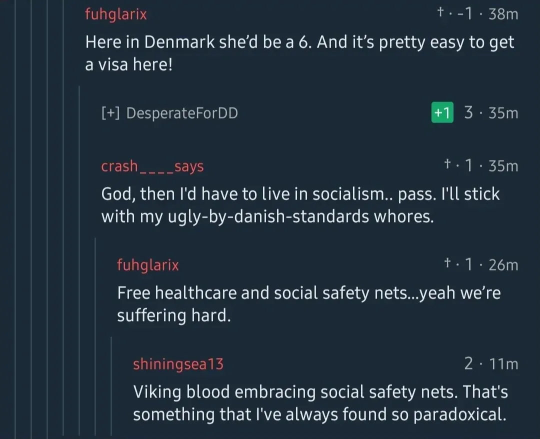 Forum/chat comment thread. fuhglarix (-1, 38m): "Here in Denmark she'd be a 6. And it's pretty easy to get a visa here!" [+] DesperateForDD (+1, 3, 35m): (collapsed). crash____says (1, 35m): "God, then I'd have to live in socialism.. pass. I'll stick with my ugly-by-danish-standards whores." fuhglarix (1, 26m): "Free healthcare and social safety nets...yeah we're suffering hard." shiningsea13 (2, 11m): "Viking blood embracing social safety nets. That's something that I've always found so paradoxical."