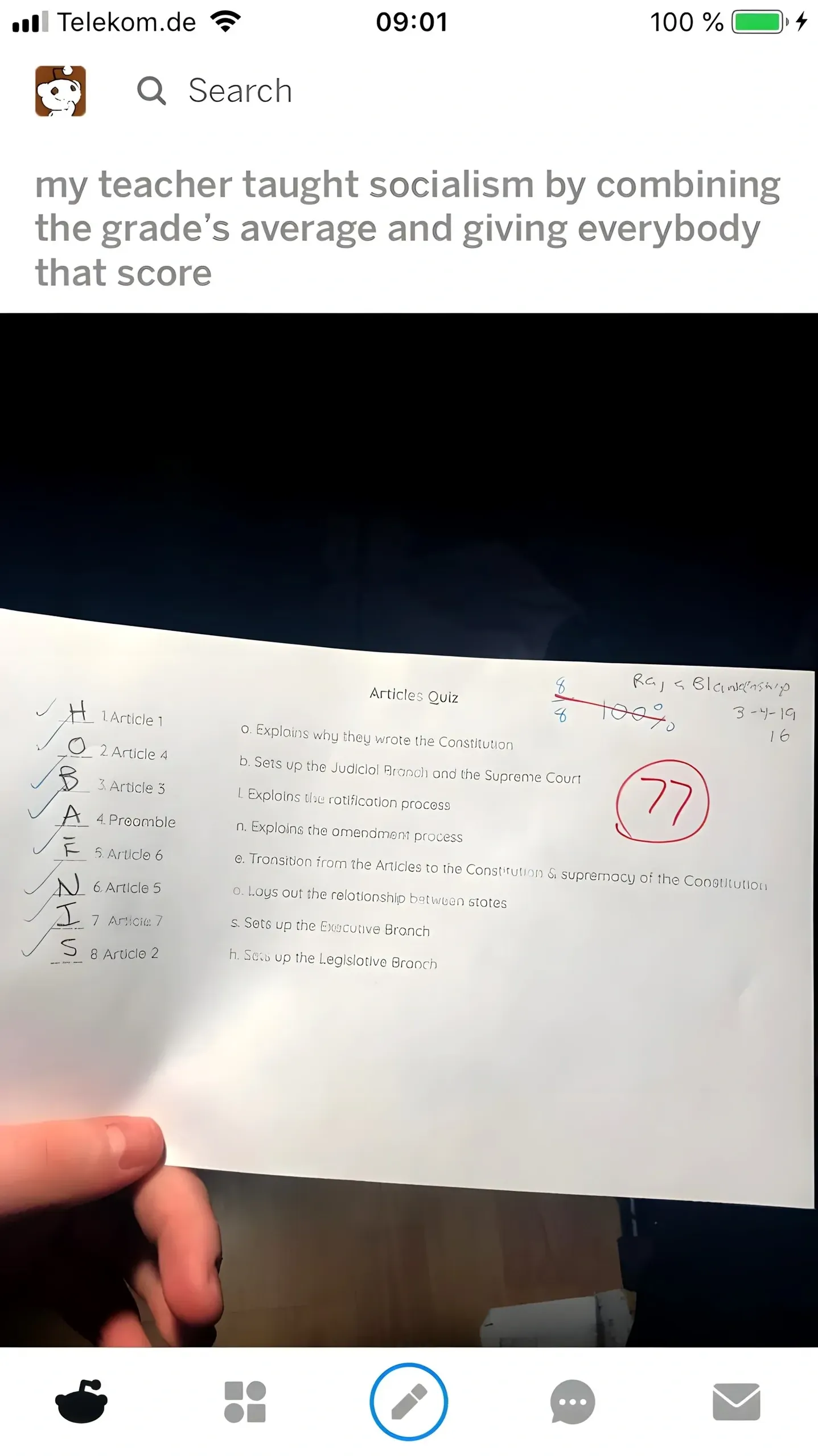 Tumblr/social media post screenshot on mobile (Telekom.de). Text at top: "my teacher taught socialism by combining the grade's average and giving everybody that score". Below: photo of a hand holding a school quiz/test paper titled "Article: Quiz" with a score of 77 circled in red. Questions about the Constitution (Articles, Judicial Branch, Supreme Court, ratification process, amendment process, etc.)