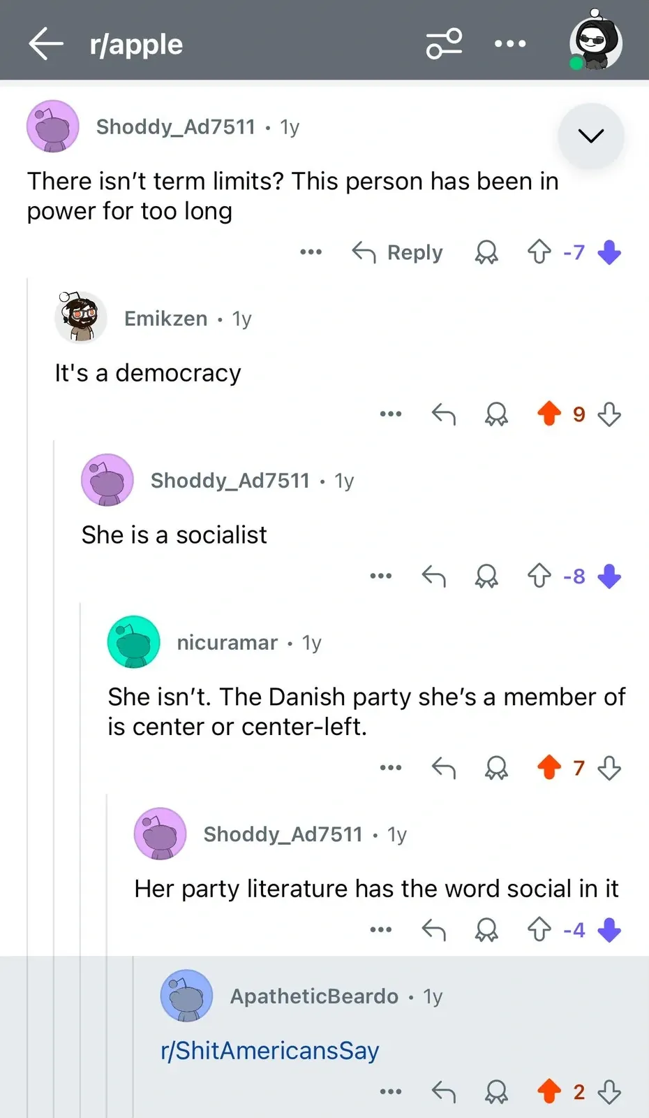 Reddit mobile app screenshot. r/apple. Shoddy_Ad7511 (1y, -7 downvotes): "There isn't term limits? This person has been in power for too long". Emikzen (1y): "It's a democracy". Shoddy_Ad7511 (1y, -8 downvotes): "She is a socialist". nicuramar (1y): "She isn't. The Danish party she's a member of is center or center-left." Shoddy_Ad7511 (1y, -4 downvotes): "Her party literature has the word social in it". ApatheticBeardo (1y): "r/ShitAmericansSay"