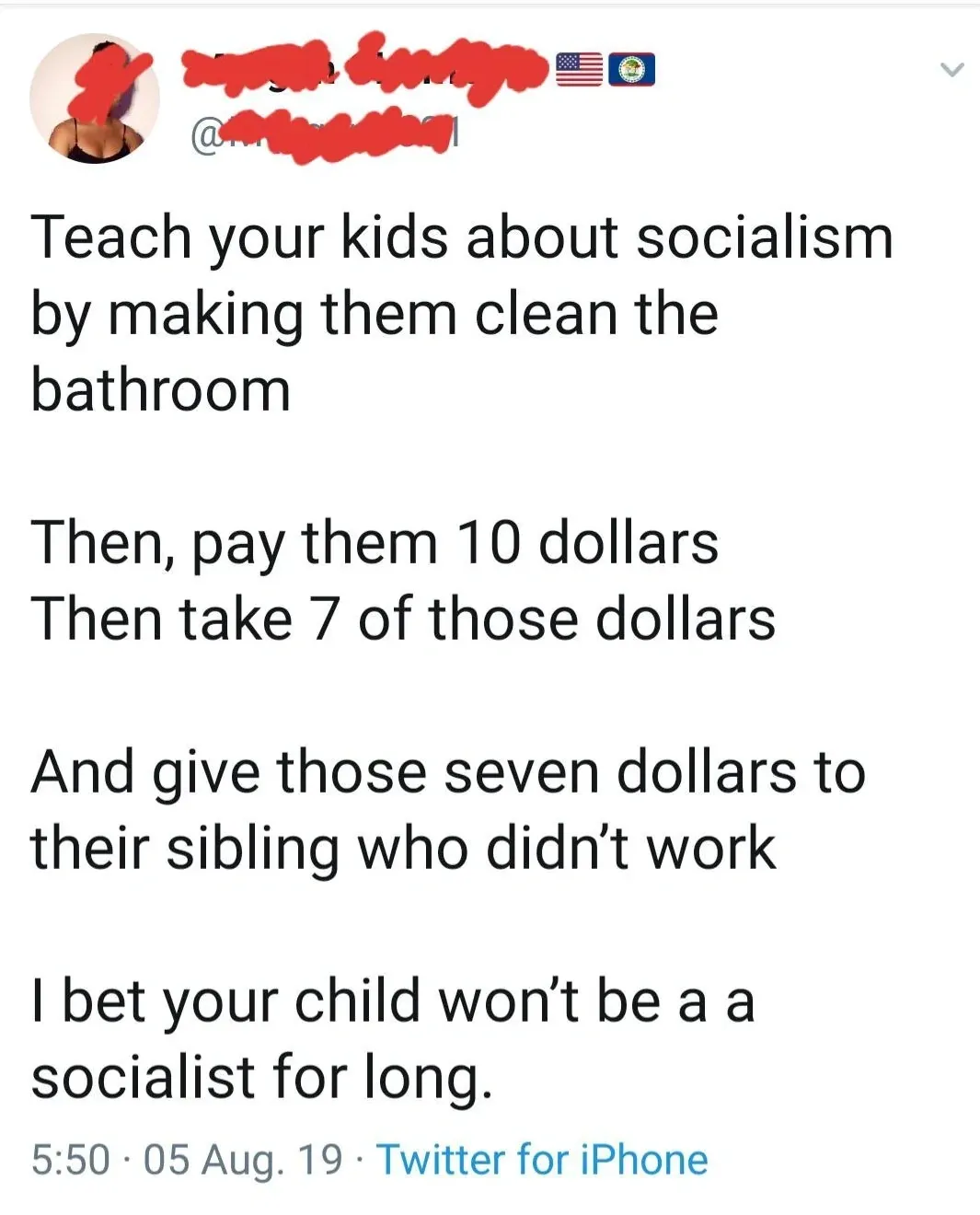 Twitter/X post (username redacted, American flag and seal emojis). Tweet: "Teach your kids about socialism by making them clean the bathroom Then, pay them 10 dollars Then take 7 of those dollars And give those seven dollars to their sibling who didn't work I bet your child won't be a a socialist for long." 5:50, 05 Aug. 19