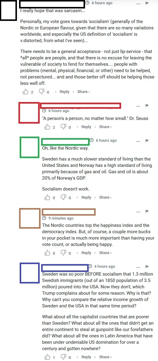 YouTube comment thread. Multiple comments. First (6h ago): long comment supporting Nordic-style socialism, saying "the US definition of 'socialism' is v.distorted". Second (redacted, 6h): "A person's a person, no matter how small. Dr. Seuss". Third (redacted, 6h): "Oh, like the Nordic way. Sweden has a much slower standard of living than the United States and Norway has a high standard of living primarily because of gas and oil. Gas and oil is about 20% of Norway's GDP. Socialism doesn't work." Fourth (redacted, 9m): "The Nordic countries top the happiness index and the democracy index. But, of course, a couple more bucks in your pocket is much more important than having your vote count, or actually being happy." Fifth (4h ago): long reply about Sweden being so poor before socialism that 1.3 million emigrated to the USA