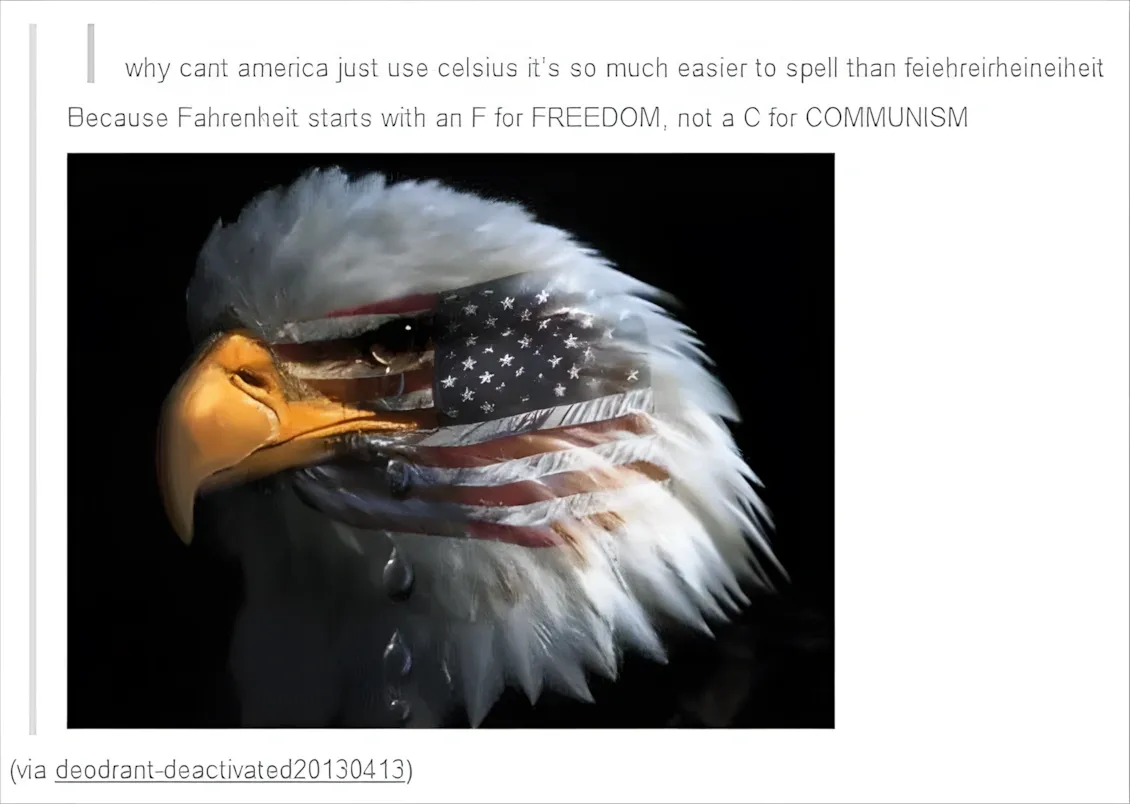 Tumblr post. Text: "why cant america just use celsius it's so much easier to spell than feiehreirheineiheit" Reply: "Because Fahrenheit starts with an F for FREEDOM, not a C for COMMUNISM" Photo of a bald eagle's head with American flag overlay/double exposure. (via deodrant-deactivated20130413)
