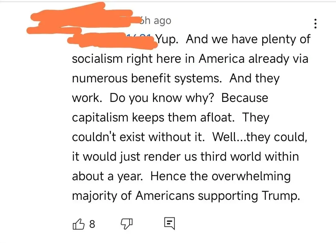 YouTube comment (username redacted, 6h ago). "Yup. And we have plenty of socialism right here in America already via numerous benefit systems. And they work. Do you know why? Because capitalism keeps them afloat. They couldn't exist without it. Well...they could, it would just render us third world within about a year. Hence the overwhelming majority of Americans supporting Trump."