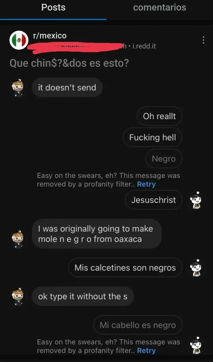 Reddit app chat. r/mexico post (username redacted, title: "Que chin$?&dos es esto?" - itself censored). Two users chatting - one (cartoon avatar, left) says "it doesn't send". Other user tries: "Oh reallt", "Fucking hell", "Negro" - profanity filter removes it: "Easy on the swears, eh? This message was removed by a profanity filter.. Retry". User: "Jesuschrist". Cartoon avatar: "I was originally going to make mole n e g r o from oaxaca" (spacing out the word to avoid filter). User tries "Mis calcetines son negros" - goes through. Cartoon avatar: "ok type it without the s". User tries "Mi cabello es negro" - profanity filter removes it again. Spanish-language interface (Posts/comentarios tabs)