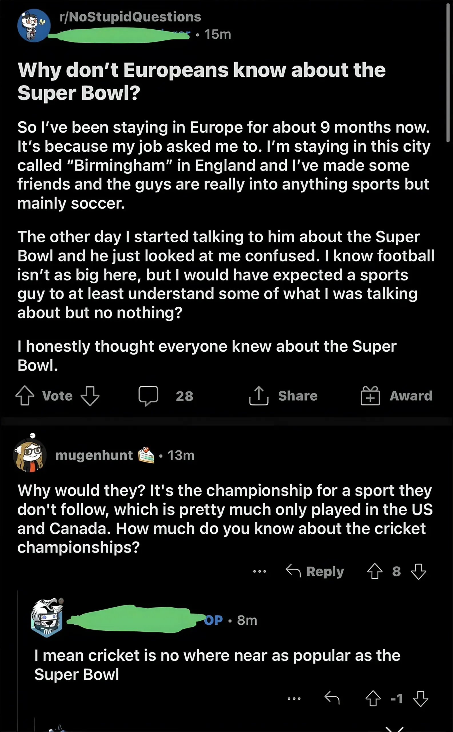 Reddit post. r/NoStupidQuestions (15m). Title: "Why don't Europeans know about the Super Bowl?" Text: "So I've been staying in Europe for about 9 months now. It's because my job asked me to. I'm staying in this city called 'Birmingham' in England and I've made some friends and the guys are really into anything sports but mainly soccer. The other day I started talking to him about the Super Bowl and he just looked at me confused. I know football isn't as big here, but I would have expected a sports guy to at least understand some of what I was talking about but no nothing? I honestly thought everyone knew about the Super Bowl." Reply from mugenhunt (13m): "Why would they? It's the championship for a sport they don't follow, which is pretty much only played in the US and Canada. How much do you know about the cricket championships?" OP (8m, -1): "I mean cricket is no where near as popular as the Super Bowl"