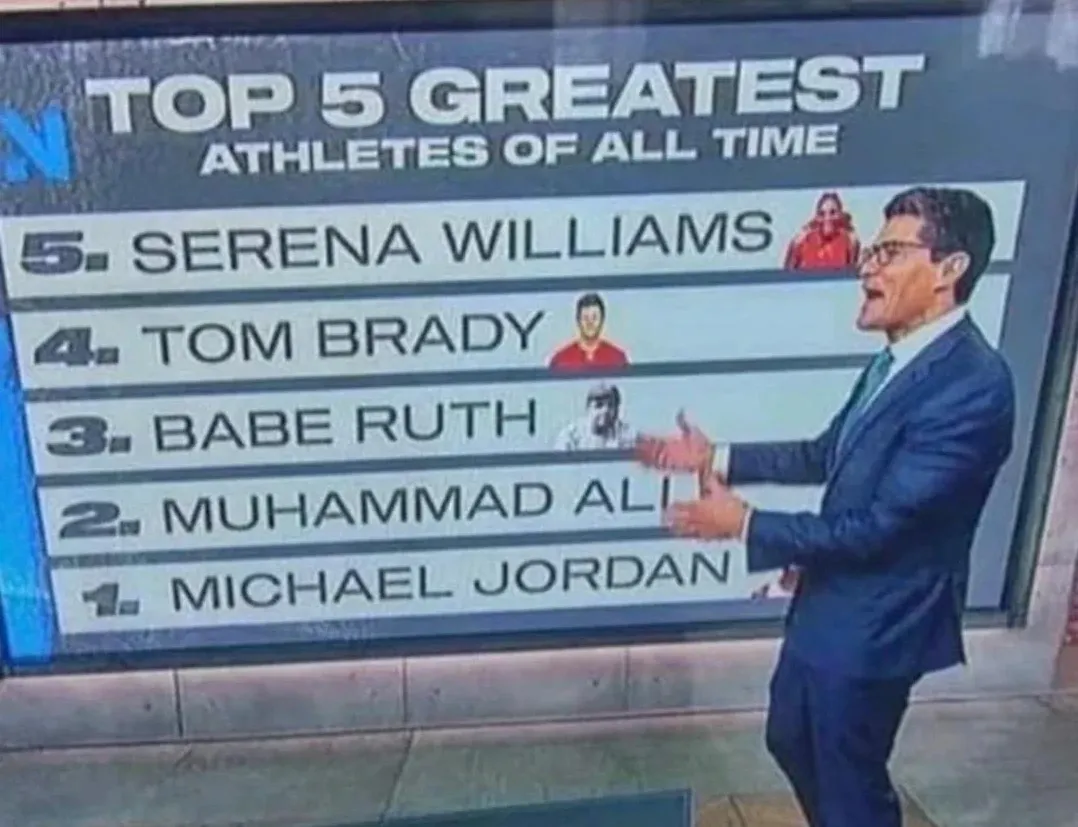 TV screenshot (blurry/low quality) showing a "TOP 5 GREATEST ATHLETES OF ALL TIME" graphic. Male presenter gesturing at the list: 5. Serena Williams, 4. Tom Brady, 3. Babe Ruth, 2. Muhammad Ali, 1. Michael Jordan. Every athlete is American