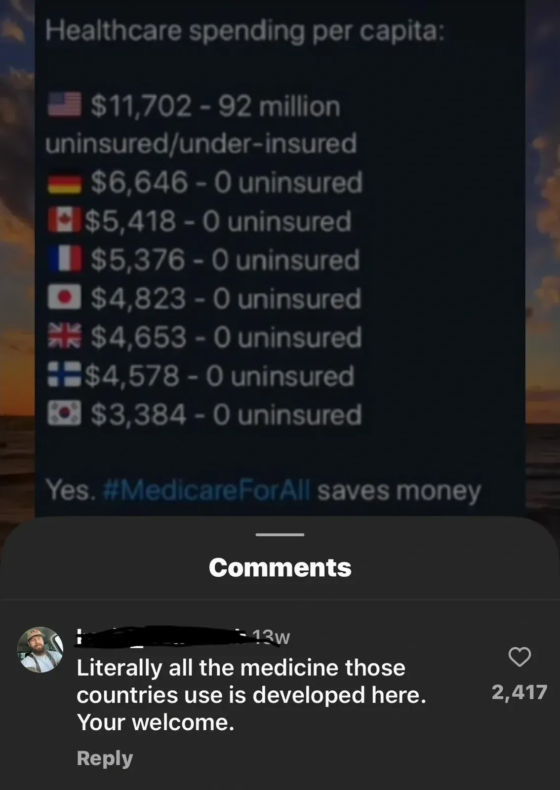 TikTok/Instagram post showing an infographic of healthcare spending per capita with flags: US $11,702 (92M uninsured), Australia $5,187 (0 uninsured), France $5,376 (0 uninsured), Canada $4,974 (0 uninsured), Japan $4,823 (0 uninsured), UK $4,653 (0 uninsured). Caption: "Yes. #MedicareForAll saves money". Below, a comment (13w): "Literally all the medicine those countries use is developed here. Your welcome."