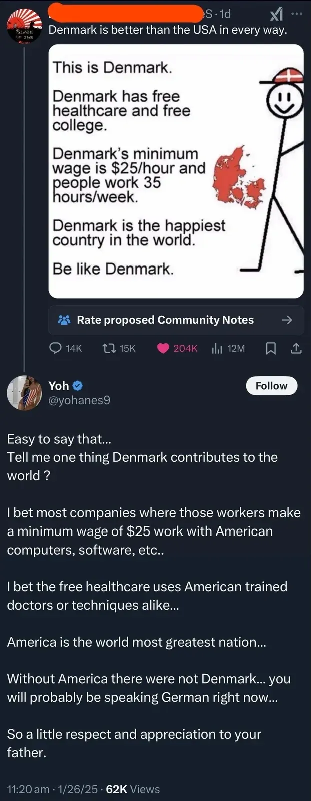 X/Twitter thread. Someone (1d) quote-tweeting a Denmark infographic listing free healthcare, free college, $25/hour minimum wage, 35-hour work week, happiest country on Earth, captioned "Be like Denmark". Reply from Yoh @yohanes9 (verified): "Easy to say that... Tell me one thing Denmark contributes to the world? I bet most companies where those workers make a minimum wage of $25 work with American computers, software, etc.. I bet the free healthcare uses American trained doctors or techniques alike... America is the world most greatest nation... Without America there were not Denmark... you will probably be speaking German right now... So a little respect and appreciation to your father." 11:20 am, 1/26/25