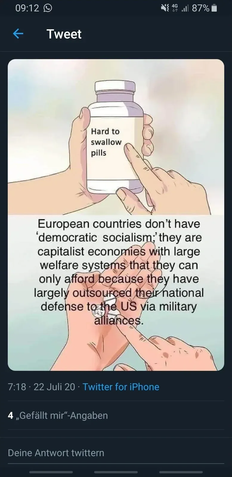 Tweet showing the "Hard to swallow pills" meme - two-panel cartoon of hands holding a pill bottle labelled "Hard to swallow pills" in the top panel, and hands holding pills in the bottom panel. Text across both panels: "European countries don't have 'democratic socialism;' they are capitalist economies with large welfare systems that they can only afford because they have largely outsourced their national defense to the US via military alliances." German interface (22 Juli 20, 4 Gefallt mir)