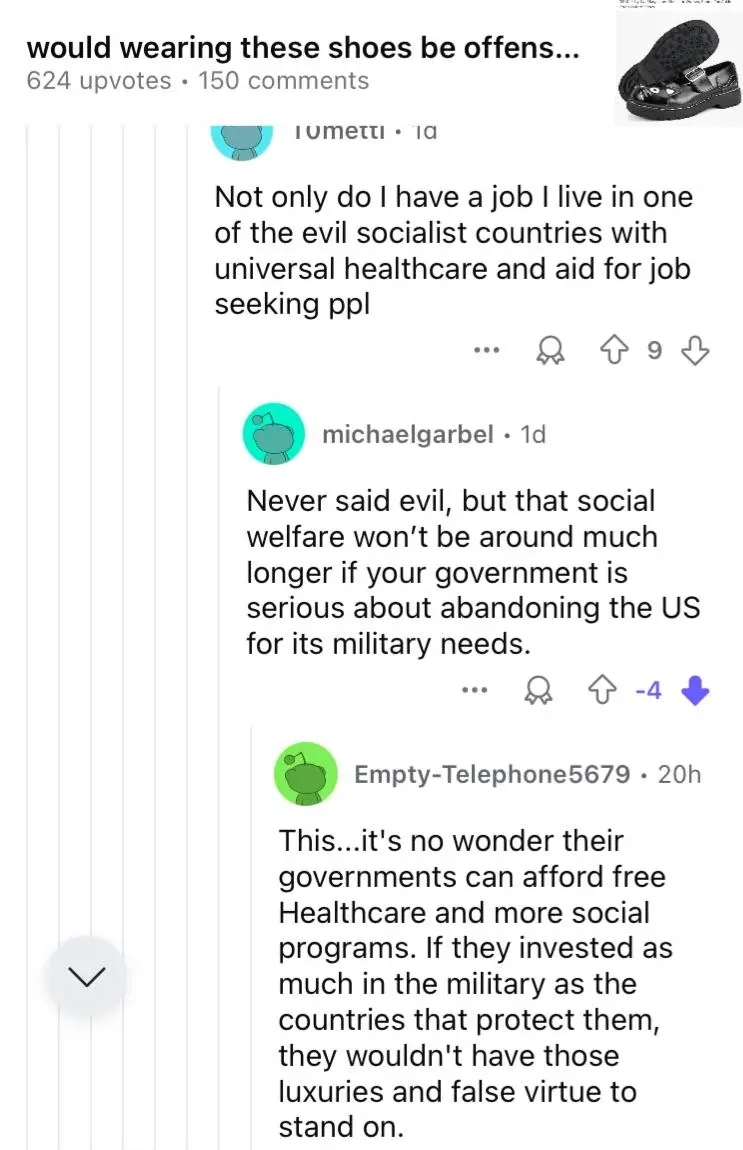 Reddit thread. Post title partially visible: "would wearing these shoes be offens..." with thumbnail of black sandals. Comment from Tometti (1d): "Not only do I have a job I live in one of the evil socialist countries with universal healthcare and aid for job seeking ppl". Reply from michaelgarbel (1d, -4 downvotes): "Never said evil, but that social welfare won't be around much longer if your government is serious about abandoning the US for its military needs." Reply from Empty-Telephone5679 (20h): "This...it's no wonder their governments can afford free Healthcare and more social programs. If they invested as much in the military as the countries that protect them, they wouldn't have those luxuries and false virtue to stand on."