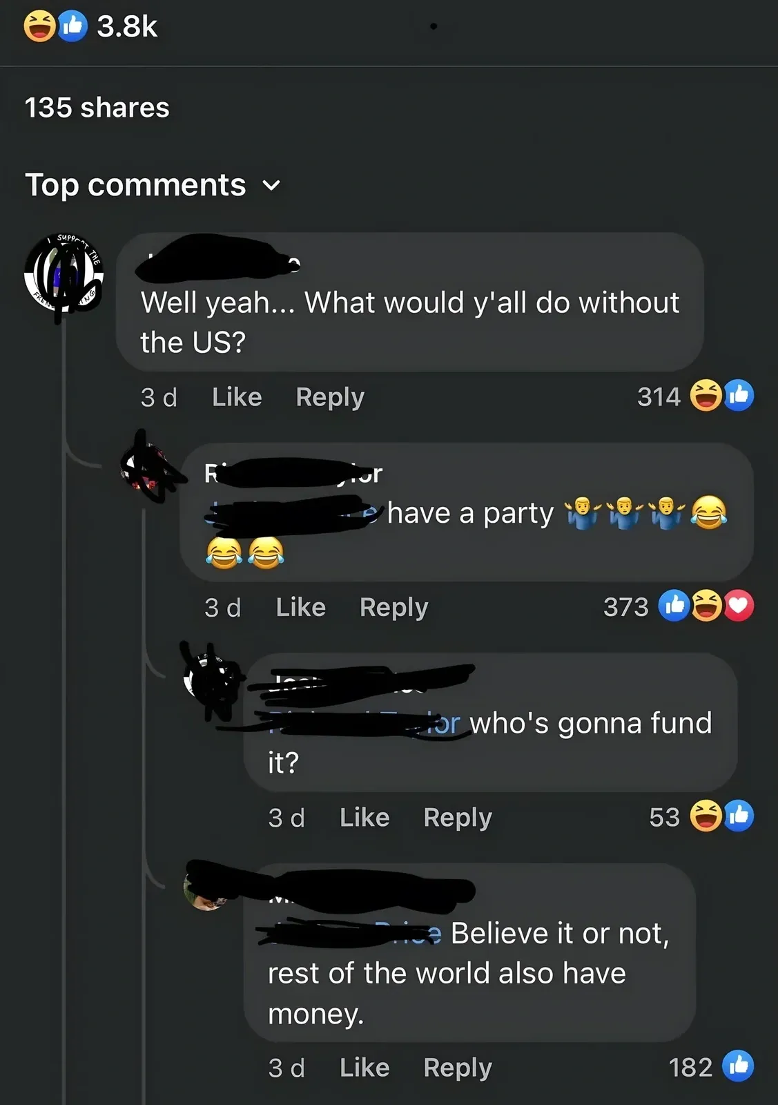 Facebook comment thread (3.8k reactions, username redacted). First (3d, 314 laugh/like reactions): "Well yeah... What would y'all do without the US?" Reply (3d, /laugh/heart reactions): "have a party" with party and laughing emojis. Reply (3d, 53 laugh/like reactions): "or who's gonna fund it?" Reply (3d, reactions): "Believe it or not, rest of the world also have money."