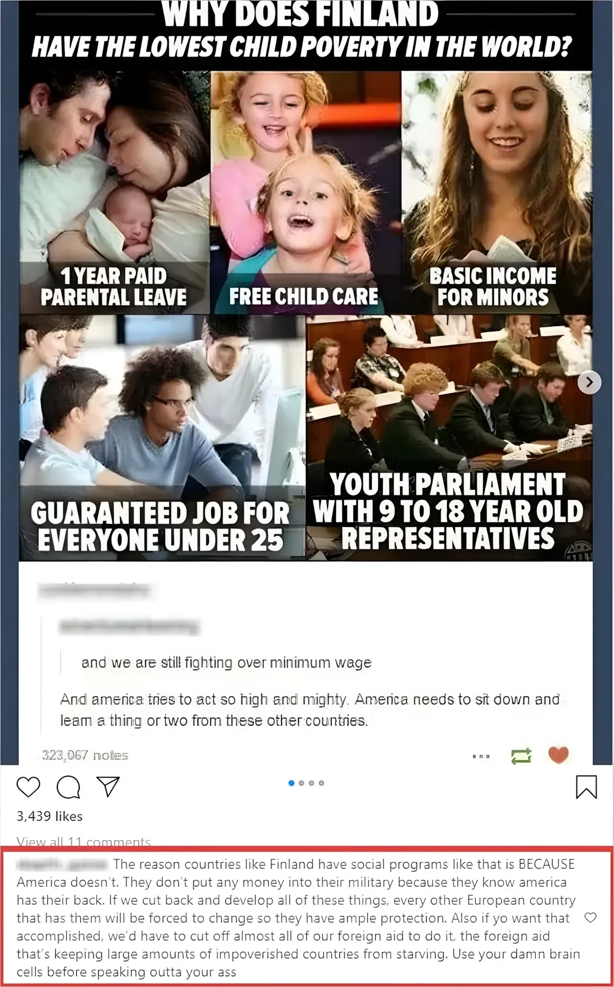 Tumblr/Instagram post showing a photo collage titled "WHY DOES FINLAND HAVE THE LOWEST CHILD POVERTY IN THE WORLD?" with five panels showing happy children and the reasons: "1 YEAR PAID PARENTAL LEAVE", "FREE CHILD CARE", "BASIC INCOME FOR MINORS", "GUARANTEED JOB FOR EVERYONE UNDER 25", "YOUTH PARLIAMENT WITH 9 TO 18 YEAR OLD REPRESENTATIVES". Tumblr notes: "and we are still fighting over minimum wage" and "And america tries to act so high and mighty. America needs to sit down and learn a thing or two from these other countries." 323,067 notes. Comment highlighted in red below: "The reason countries like Finland have social programs like that is BECAUSE America doesn't. They don't put any money into their military because they know america has their back. If we cut back and develop all of these things, every other European country that has them will be forced to change so they have ample protection. Also if yo want that accomplished, we'd have to cut off almost all of our foreign aid to do it, the foreign aid that's keeping large amounts of impoverished countries from starving. Use your damn brain cells before speaking outta your ass"