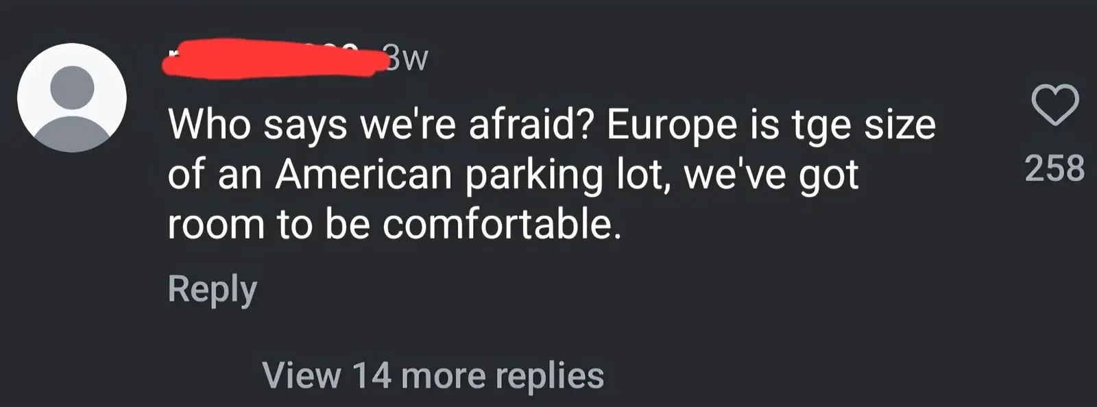 Social media comment (default username redacted, 3w, View 14 more replies): "Who says we're afraid? Europe is tge size of an American parking lot, we've got room to be comfortable."