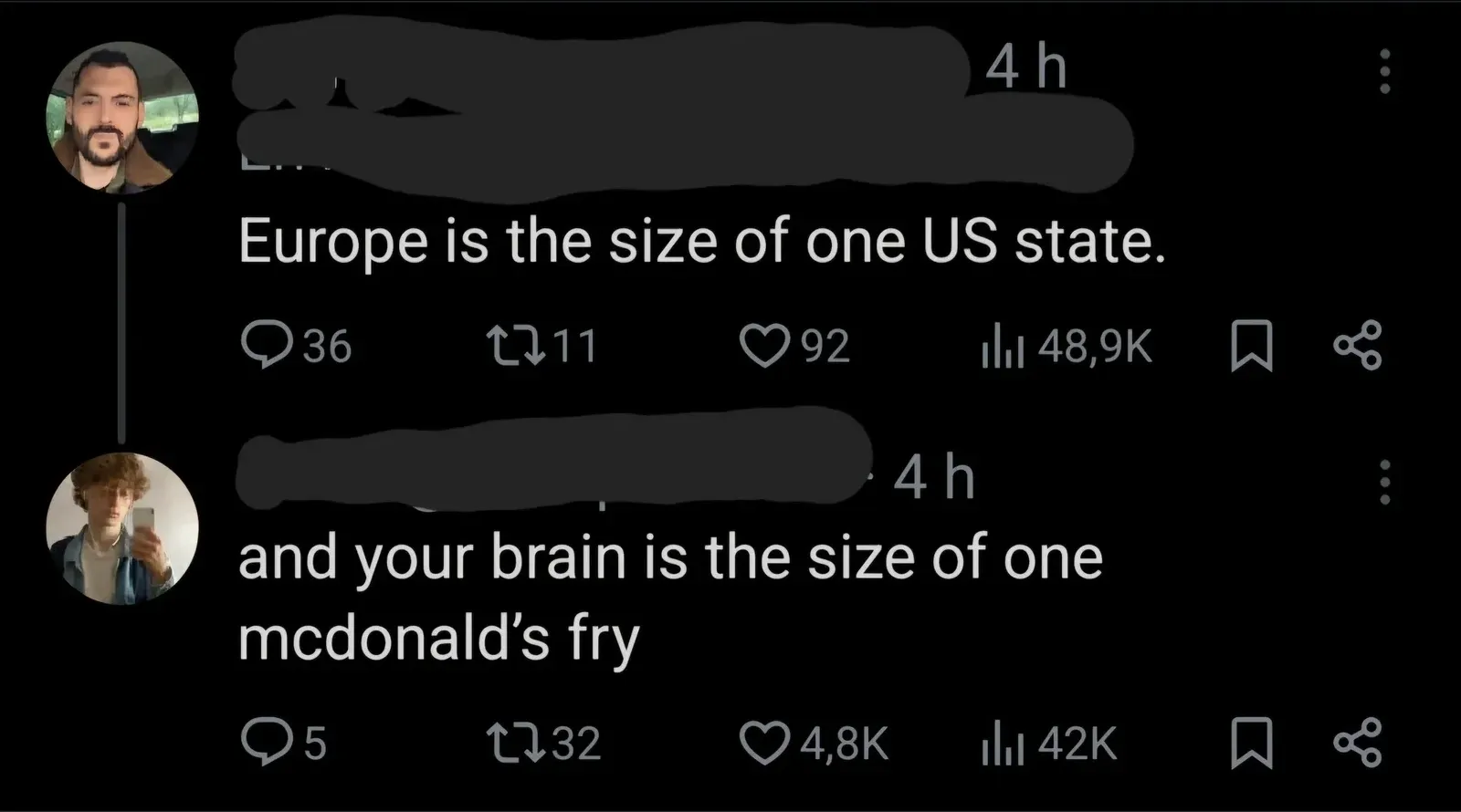 X/Twitter thread. First (bearded name redacted, 4h): "Europe is the size of one US state." Reply (curly-haired young man mirror name redacted, 4h): "and your brain is the size of one mcdonald's fry"