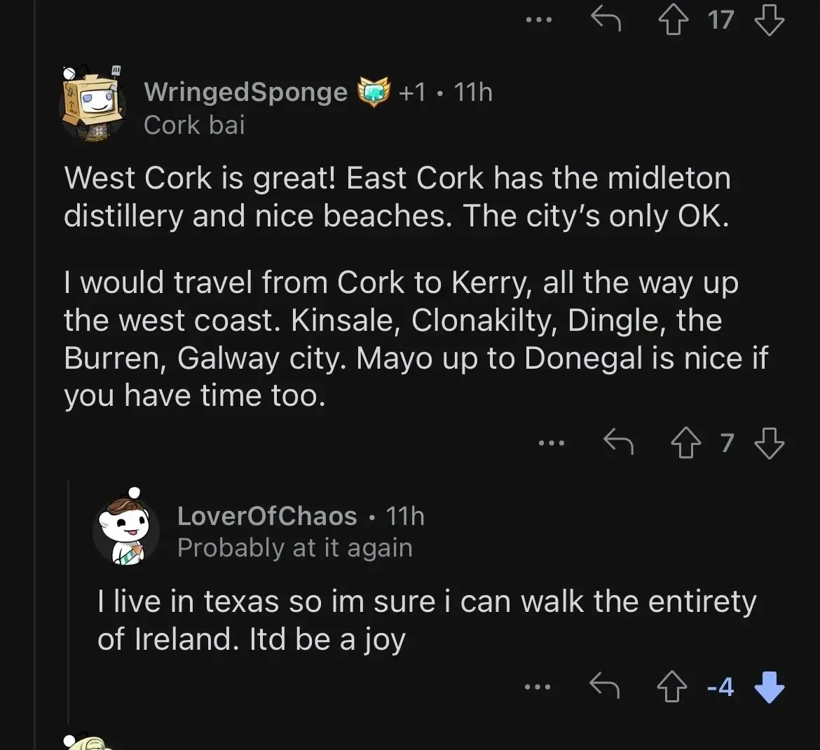 Reddit comment thread. WringedSponge (ranked badge, 11h, "Cork bai" flair): "West Cork is great! East Cork has the midleton distillery and nice beaches. The city's only OK. I would travel from Cork to Kerry, all the way up the west coast. Kinsale, Clonakilty, Dingle, the Burren, Galway city. Mayo up to Donegal is nice if you have time too." Reply from LoverOfChaos (11h, "Probably at it again" flair, -4 downvotes): "I live in texas so im sure i can walk the entirety of Ireland. Itd be a joy"