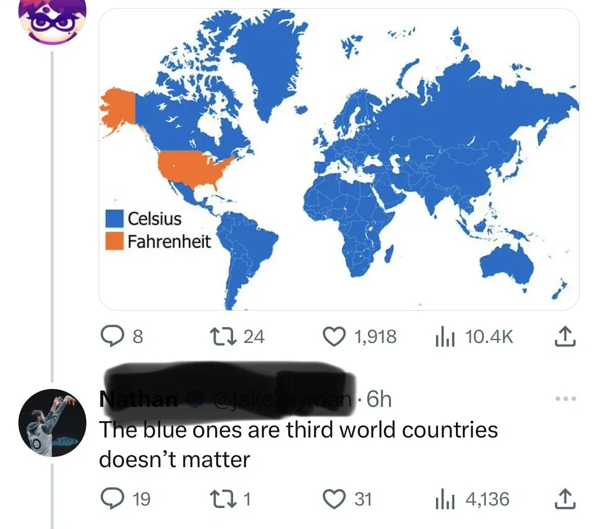 X/Twitter thread. Original tweet shows a world map colour-coded blue for Celsius and orange for Fahrenheit - only the US mainland is orange, the entire rest of the world is blue. Reply from Nathan @jake[partially obscured]ayman (6h): "The blue ones are third world countries doesn't matter".
