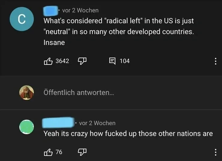 YouTube comment thread. Interface in German ("Offentlich antworten...", "vor 2 Wochen"). First comment (username redacted, vor 2 Wochen): "What's considered 'radical left' in the US is just 'neutral' in so many other developed countries. Insane". Reply (username redacted, vor 2 Wochen): "Yeah its crazy how fucked up those other nations are"