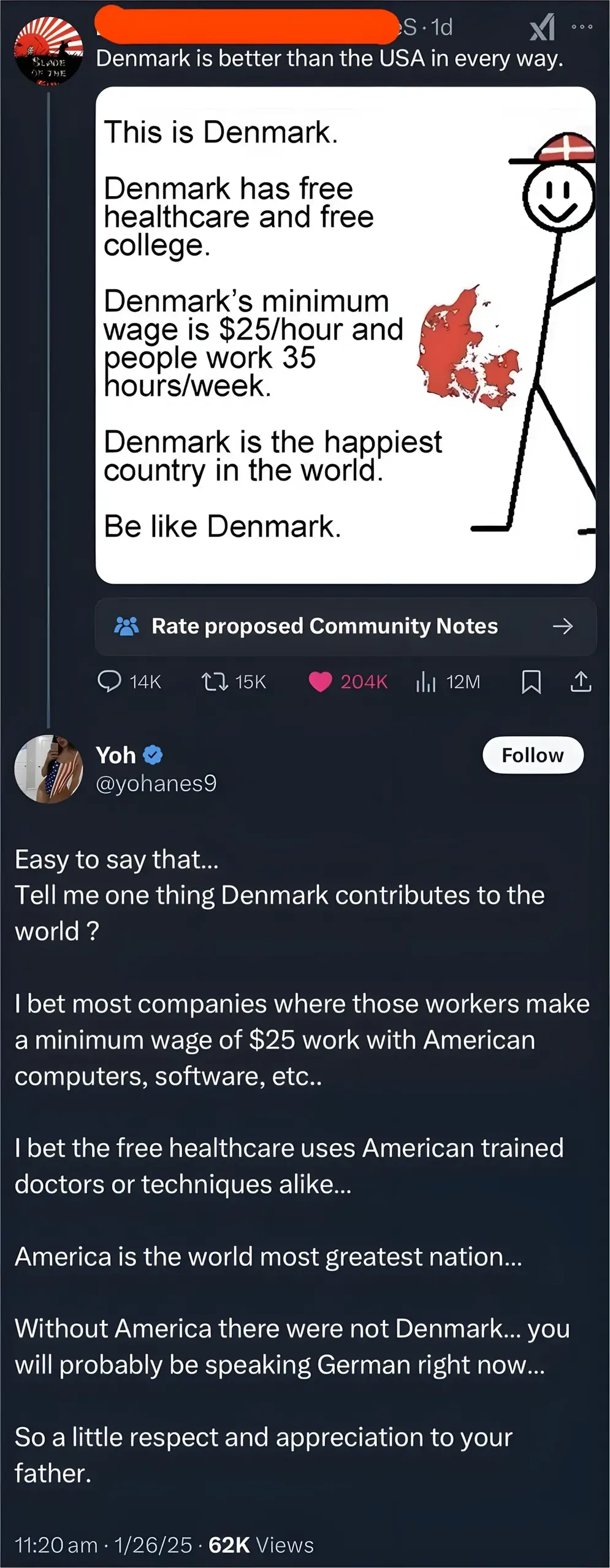 X/Twitter thread. Original post (username redacted, 1d) with text partially visible: "Denmark is better than the USA in every way." Below is a graphic titled "This is Denmark." with stick figure, Danish flag, and bullet points: "Denmark has free healthcare and free college. Denmark's minimum wage is $25/hour and people work 35 hours/week. Denmark is the happiest country in the world. Be like Denmark." Reply from Yoh @yohanes9 (verified, Follow button): "Easy to say that... Tell me one thing Denmark contributes to the world? I bet most companies where those workers make a minimum wage of $25 work with American computers, software, etc.. I bet the free healthcare uses American trained doctors or techniques alike... America is the world most greatest nation... Without America there were not Denmark... you will probably be speaking German right now... So a little respect and appreciation to your father." 11:20 am, 1/26/25