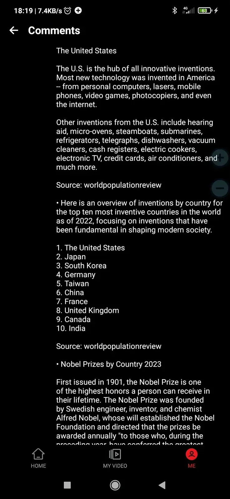 Page 2 of 6. Continues US inventions list (micro-ovens, steamboats, submarines, refrigerators, telegraphs, dishwashers, vacuum cleaners, cash registers, electric cookers, electronic TV, credit cards, air conditioners). Then "top ten most inventive countries" list: 1. The United States, 2. Japan, 3. South Korea, 4. Germany, 5. Taiwan, 6. China, 7. France, 8. United Kingdom, 9. Canada, 10. India (Source: worldpopulationreview). Then begins Nobel Prizes section explaining the prize's history and Alfred Nobel's instructions