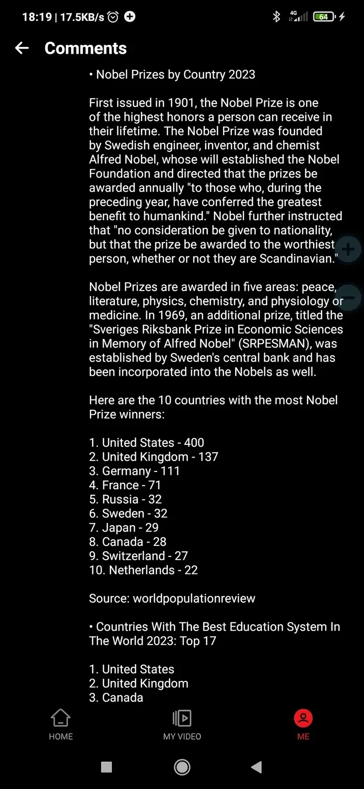 Page 3 of 6. Continues Nobel Prize section with full history of the award. Lists top 10 countries by Nobel Prize winners: 1. United States - 400, 2. United Kingdom - 137, 3. Germany - 111, 4. France - 71, 5. Russia - 32, 6. Sweden - 32, 7. Japan - 29, 8. Canada - 28, 9. Switzerland - 27, 10. Netherlands - 22 (Source: worldpopulationreview). Then begins "Countries With The Best Education System In The World 2023: Top 17" - 1. United States, 2. United Kingdom, 3. Canada