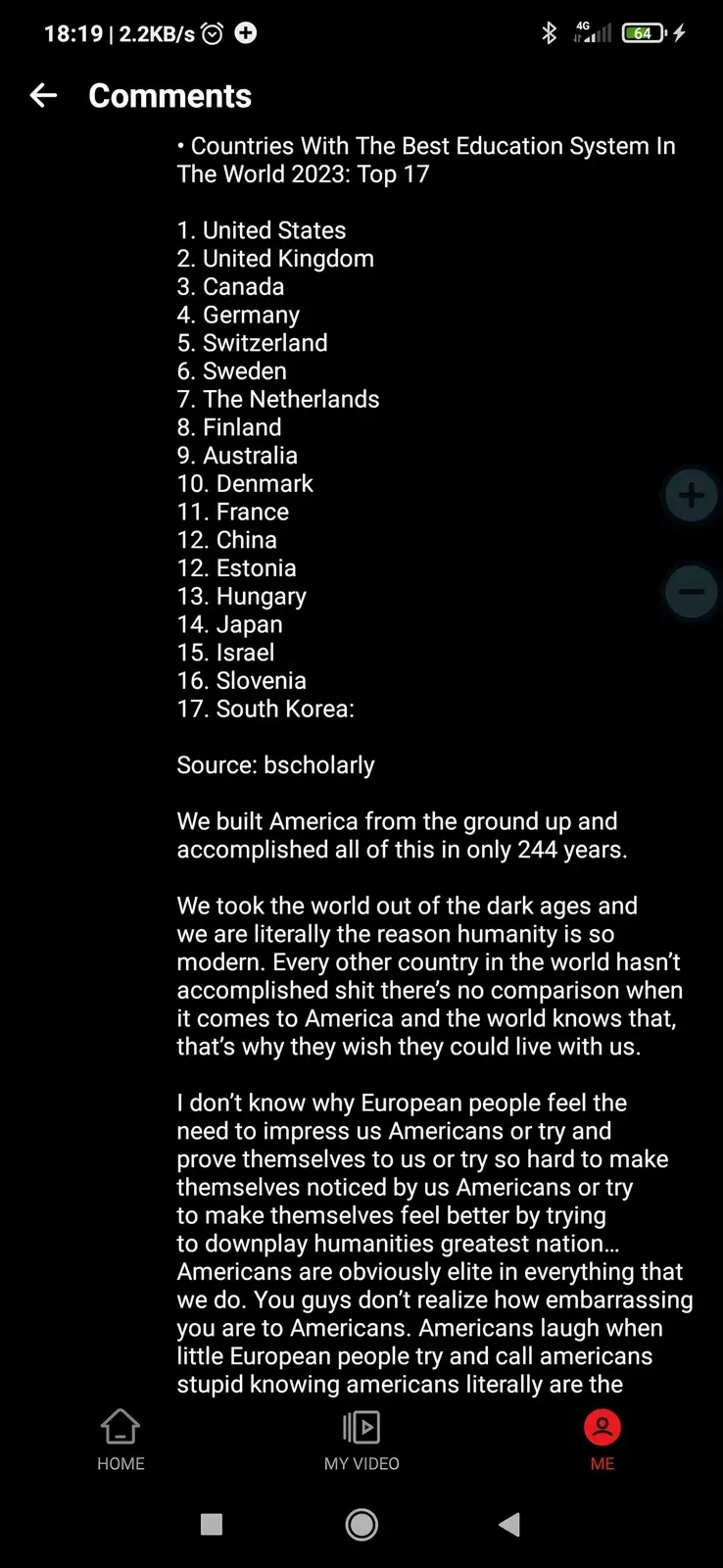 Page 4 of 6. Continues education list: 4. Germany through 17. South Korea (Source: bscholarly). Then the personal rant resumes: "We built America from the ground up and accomplished all of this in only 244 years. We took the world out of the dark ages and we are literally the reason humanity is so modern. Every other country in the world hasn't accomplished shit there's no comparison when it comes to America and the world knows that, that's why they wish they could live with us. I don't know why European people feel the need to impress us Americans or try and prove themselves to us or try so hard to make themselves noticed by us Americans or try to make themselves feel better by trying to downplay humanities greatest nation... Americans are obviously elite in everything that we do. You guys don't realize how embarrassing you are to Americans. Americans laugh when little European people try and call americans stupid knowing americans literally are the"