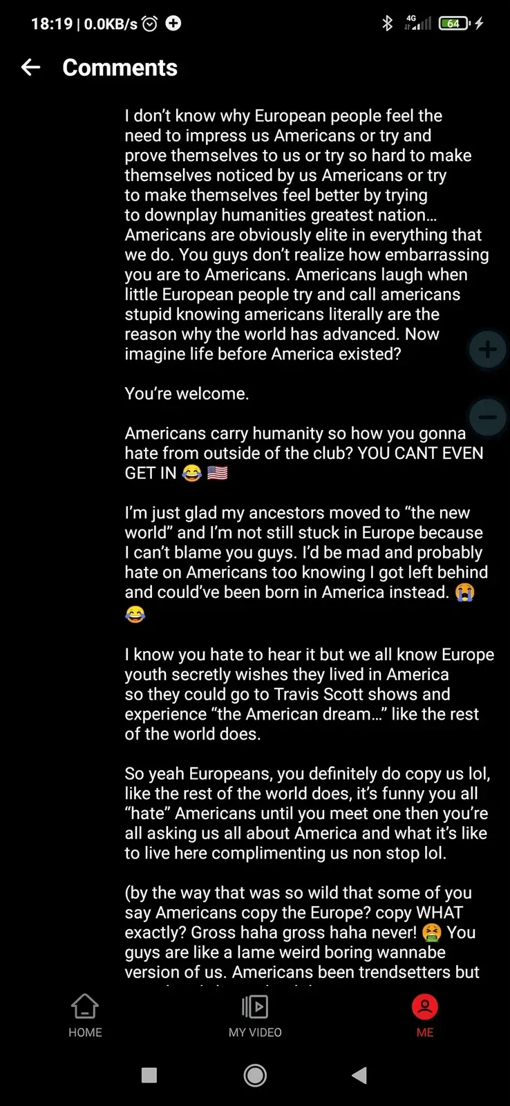 Page 5 of 6. Continues: "reason why the world has advanced. Now imagine life before America existed? You're welcome. Americans carry humanity so how you gonna hate from outside of the club? YOU CANT EVEN GET IN" with laughing and US flag emojis. "I'm just glad my ancestors moved to 'the new world' and I'm not still stuck in Europe because I can't blame you guys. I'd be mad and probably hate on Americans too knowing I got left behind and could've been born in America instead." Then: "I know you hate to hear it but we all know Europe youth secretly wishes they lived in America so they could go to Travis Scott shows and experience 'the American dream...' like the rest of the world does. So yeah Europeans, you definitely do copy us lol, like the rest of the world does, it's funny you all 'hate' Americans until you meet one then you're all asking us all about America and what it's like to live here complimenting us non stop lol. (by the way that was so wild that some of you say Americans copy the Europe? copy WHAT exactly? Gross haha gross haha never! You guys are like a lame weird boring wannabe version of us. Americans been trendsetters but"