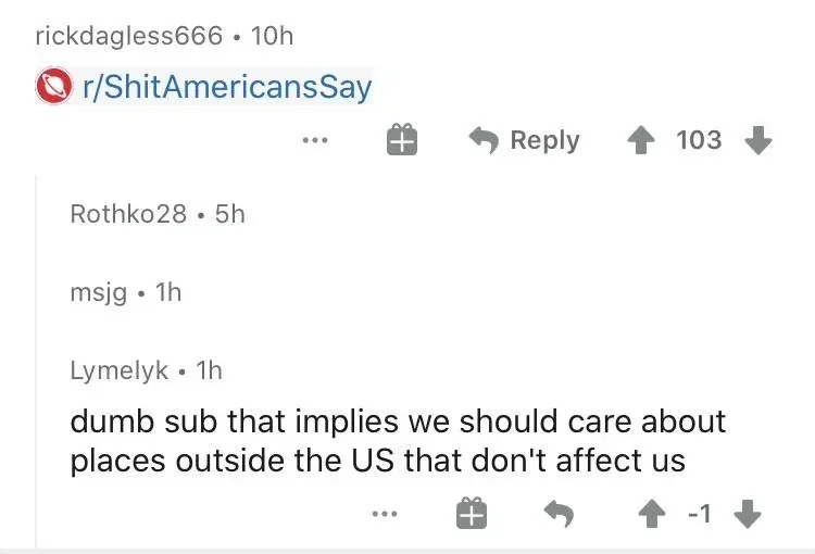 Reddit thread. rickdagless666 (10h) crossposted to r/ShitAmericansSay. Collapsed comments from Rothko28 (5h) and msjg (1h). Lymelyk (1h, -1 downvotes): "dumb sub that implies we should care about places outside the US that don't affect us"