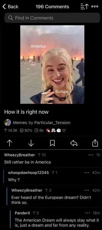 Reddit mobile screenshot (dark mode). Meme by Particular_Tension in Memes (92%, 5h, 17 awards) titled "How it is right now" - image shows Daenerys Targaryen (Emilia Clarke) smiling serenely in the foreground labelled "Europe" while fires and chaos rage behind her labelled "America". Comment thread below: WheezyBreather (1h): "Still rather be in America". whoopdawhoop12345 (43m): "Why?" WheezyBreather (42m): "Ever heard of the European dream? Didn't think so." PanderII (18m): "The American Dream will always stay what it is, just a dream and far from any reality."