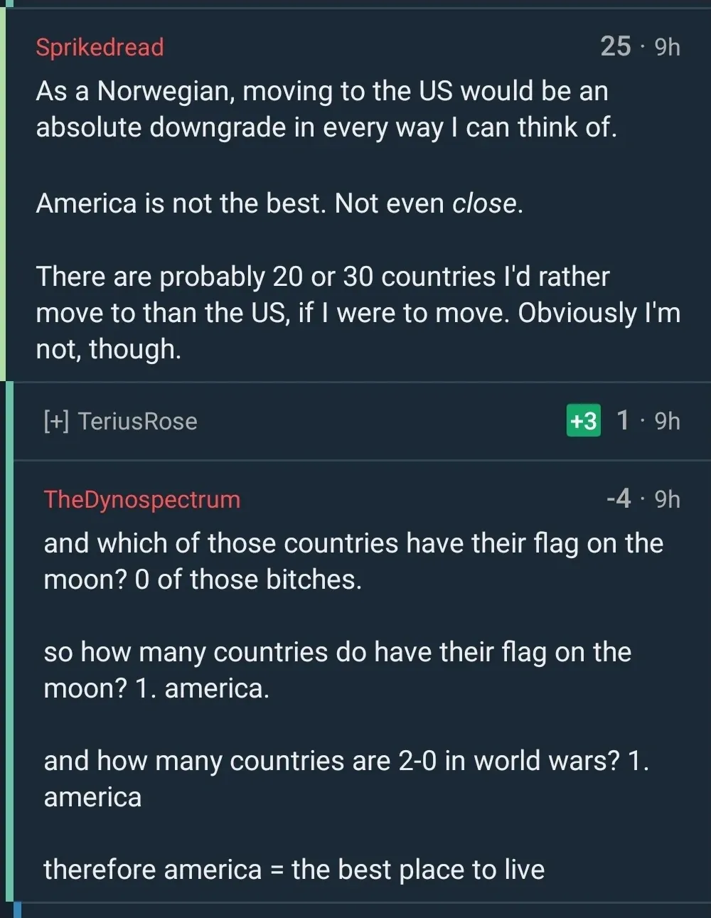 Reddit comment thread. Sprikedread (9h): "As a Norwegian, moving to the US would be an absolute downgrade in every way I can think of. America is not the best. Not even close. There are probably 20 or 30 countries I'd rather move to than the US, if I were to move. Obviously I'm not, though." Collapsed comment from [+] TeriusRose (+3, 9h). TheDynospectrum (-4, 9h): "and which of those countries have their flag on the moon? 0 of those bitches. so how many countries do have their flag on the moon? 1. america. and how many countries are 2-0 in world wars? 1. america therefore america = the best place to live"