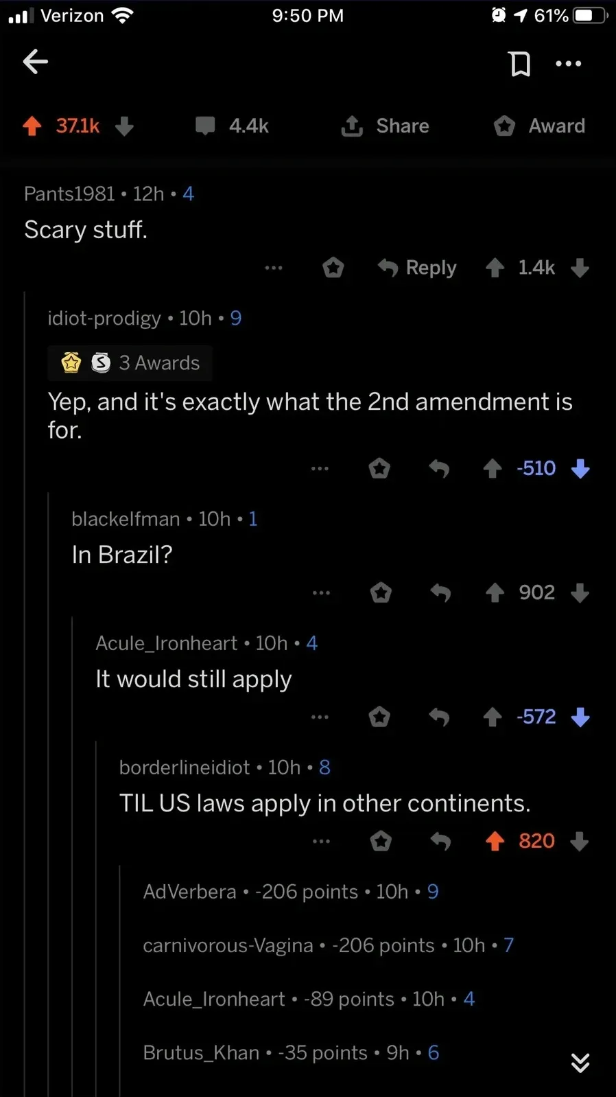 Reddit mobile screenshot (Verizon, 9:50 PM, dark mode). Post. Comment thread: Pants1981 (12h): "Scary stuff." Reply: idiot-prodigy (10h, 3 Awards, -510 downvotes): "Yep, and it's exactly what the 2nd amendment is for." Reply: blackelfman (10h): "In Brazil?" Reply: Acule_Ironheart (10h, -572 downvotes): "It would still apply". Reply: borderlineidiot (10h): "TIL US laws apply in other continents."
