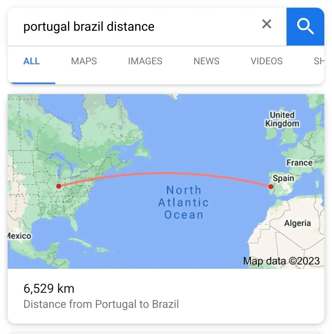 Google search result screenshot. Search query: "portugal brazil distance". Map showing red arc line across the North Atlantic Ocean from a point in the eastern USA to Portugal/Spain. Result: "6,529 km - Distance from Portugal to Brazil"