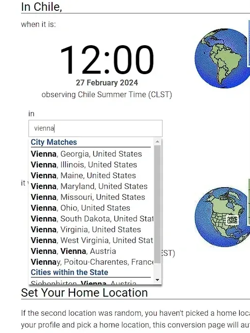 Time zone conversion website screenshot. "In Chile, when it is: 12:00, 27 February 2024". Search field shows "vienna" typed in, with dropdown listing nine US cities named Vienna (Georgia, Illinois, Maine, Maryland, Missouri, Ohio, South Dakota, Virginia, West Virginia) before finally showing Vienna, Vienna, Austria and Viennay, France