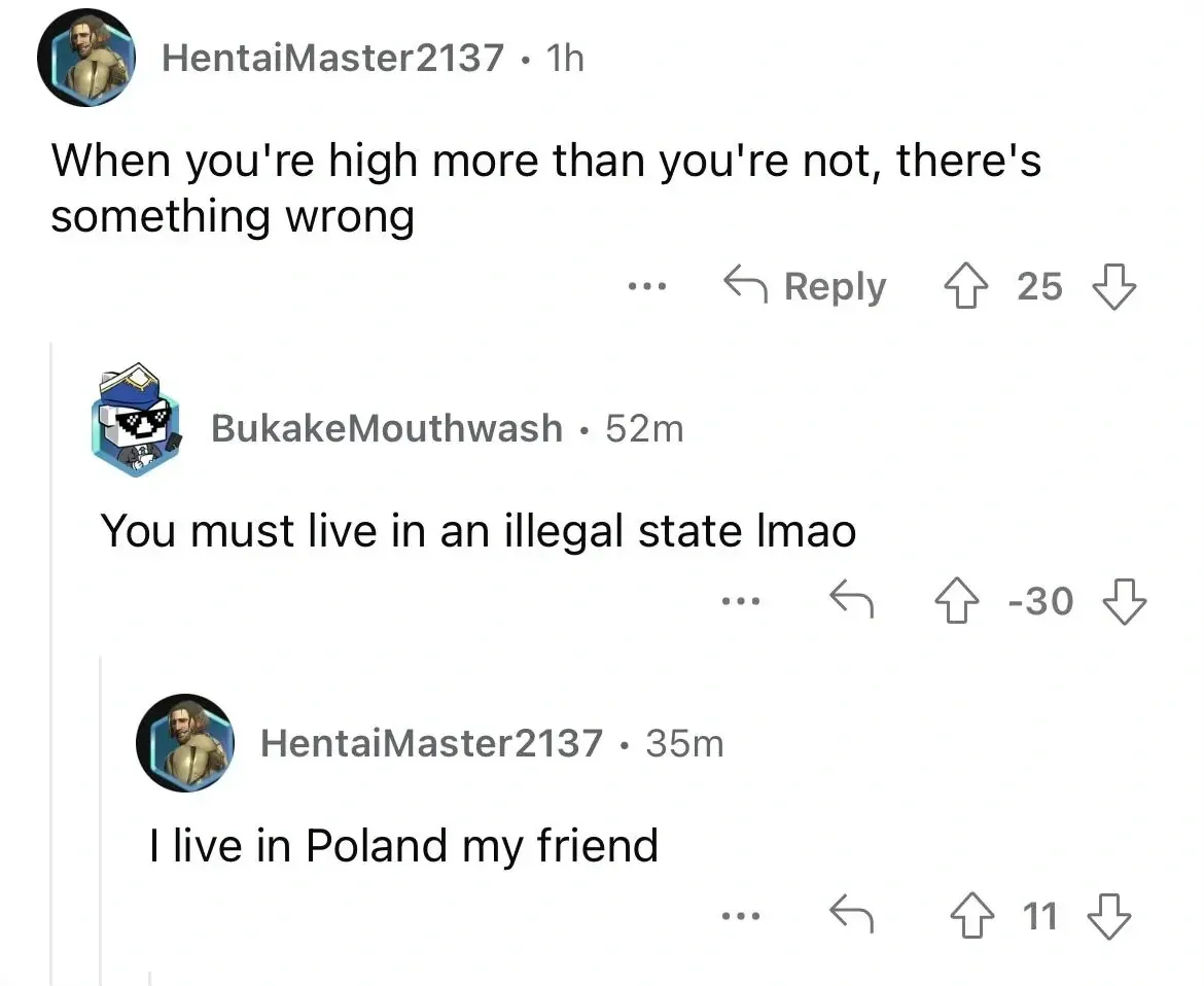 Reddit comment thread. HentaiMaster2137 (1h): "When you're high more than you're not, there's something wrong". Reply: BukakeMouthwash (52m, -30 downvotes): "You must live in an illegal state lmao". Reply: HentaiMaster2137 (35m): "I live in Poland my friend"
