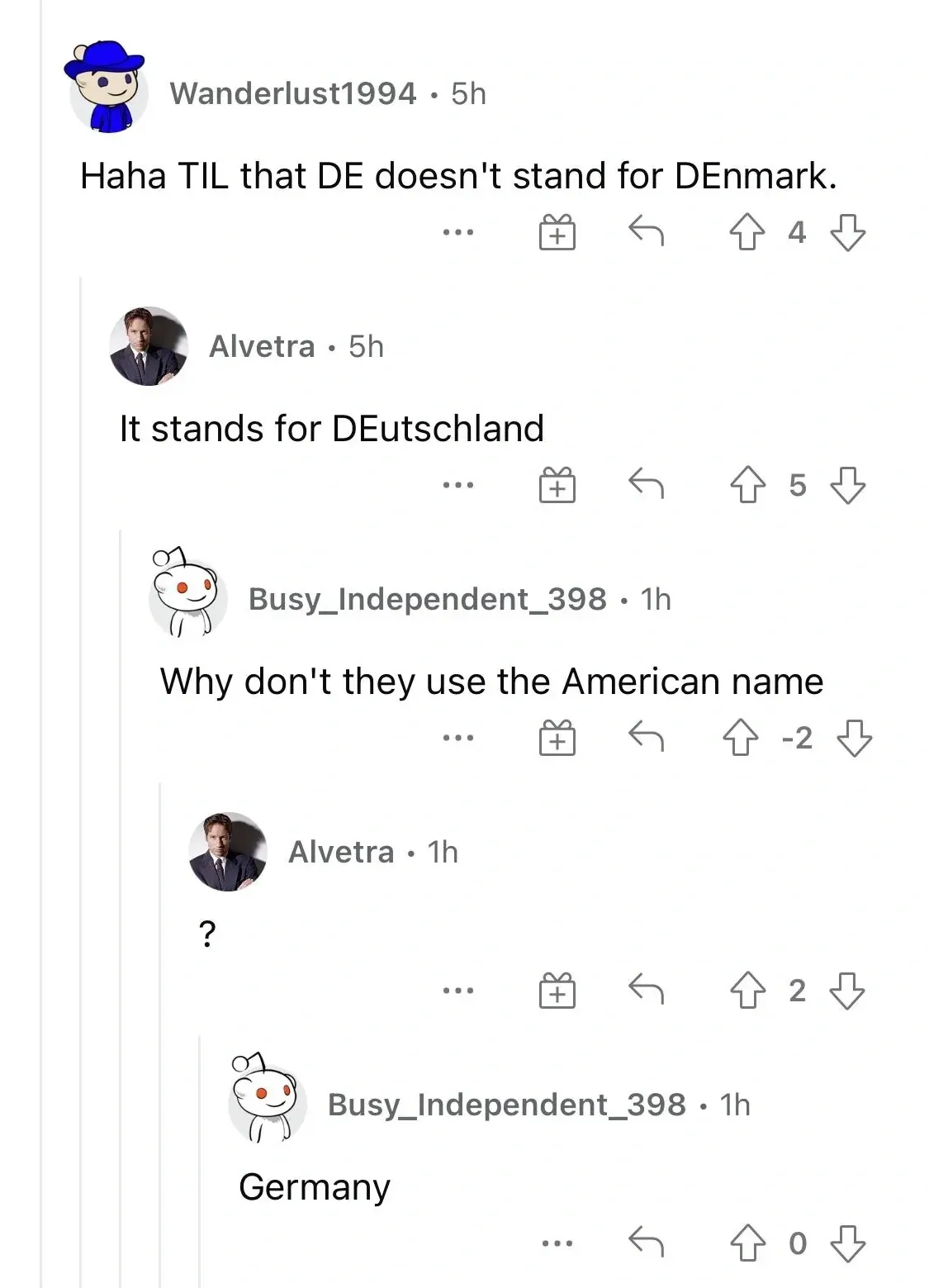 Reddit comment thread. Wanderlust1994 (5h): "Haha TIL that DE doesn't stand for DEnmark." Reply: Alvetra (5h): "It stands for DEutschland". Reply: Busy_Independent_398 (1h, -2 downvotes): "Why don't they use the American name". Reply: Alvetra (1h): "?" Reply: Busy_Independent_398 (1h): "Germany"