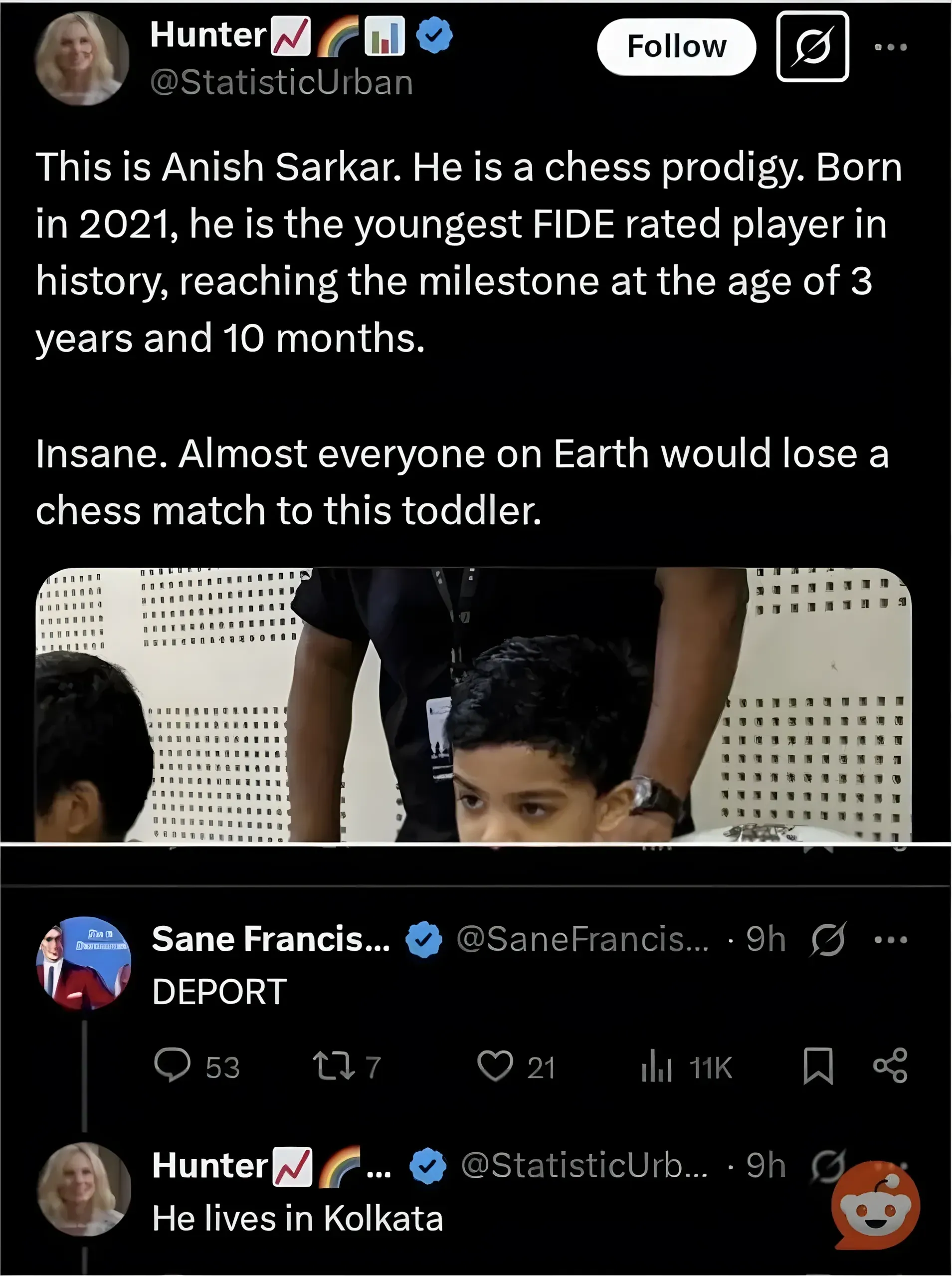 Twitter/X thread. Hunter (verified) @StatisticUrban: "This is Anish Sarkar. He is a chess prodigy. Born in 2021, he is the youngest FIDE rated player in history, reaching the milestone at the age of 3 years and 10 months. Insane. Almost everyone on Earth would lose a chess match to this toddler." with photo of young Indian boy at chess board. Reply: Sane Francis... (verified, 9h): "DEPORT". Reply: Hunter @StatisticUrb... (9h): "He lives in Kolkata"