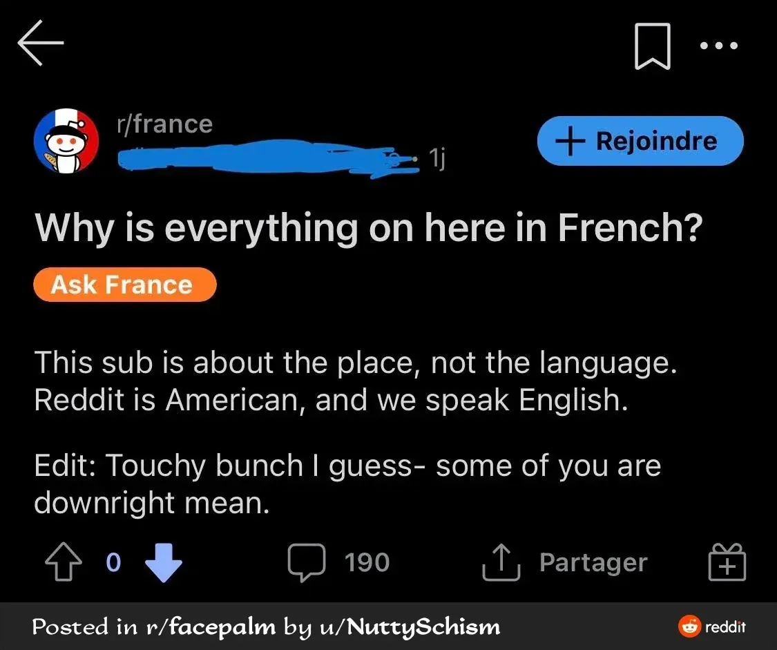 Reddit post (French interface - Rejoindre button, Partager). r/france, username redacted (1j). Title: "Why is everything on here in French?" Ask France flair. Body: "This sub is about the place, not the language. Reddit is American, and we speak English. Edit: Touchy bunch I guess- some of you are downright mean." (downvoted). Footer: "Posted in r/facepalm by u/NuttySchism"