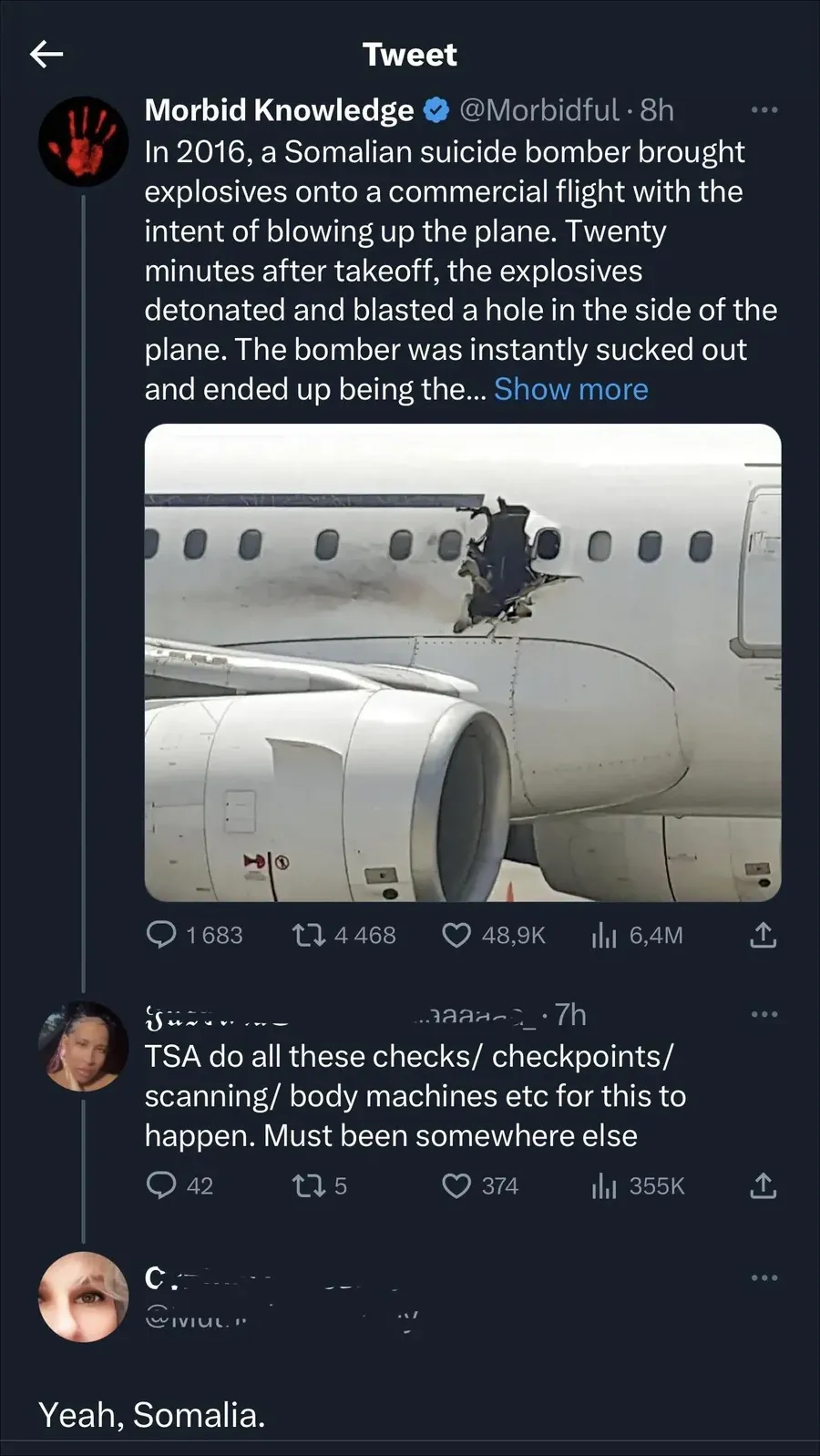 Twitter/X thread. First tweet (username redacted, 10h): "this is honestly sickening to see... how tf was the suicide bomber able to get through customs and TSA to get into the country" about a Somalian suicide bomber. Reply (username redacted, 10h): "Dude... it was in Somalia." Reply: "Yeah, Somalia. But what were the TSA doing letting him into the airport. Did nobody check this guy for weapons or??"