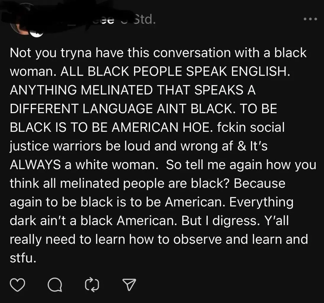 Instagram/TikTok comment thread. First comment (username redacted, 3d): long rant about black identity being exclusively American - "You can only call us African American. Not 'black.' Because that's OUR word. We coined that... Do NOT try to identify with us. You don't get to call yourself 'black' and try to relate to African American culture." Reply (Creator tag, 2d): "Bestie I'm Nigerian"