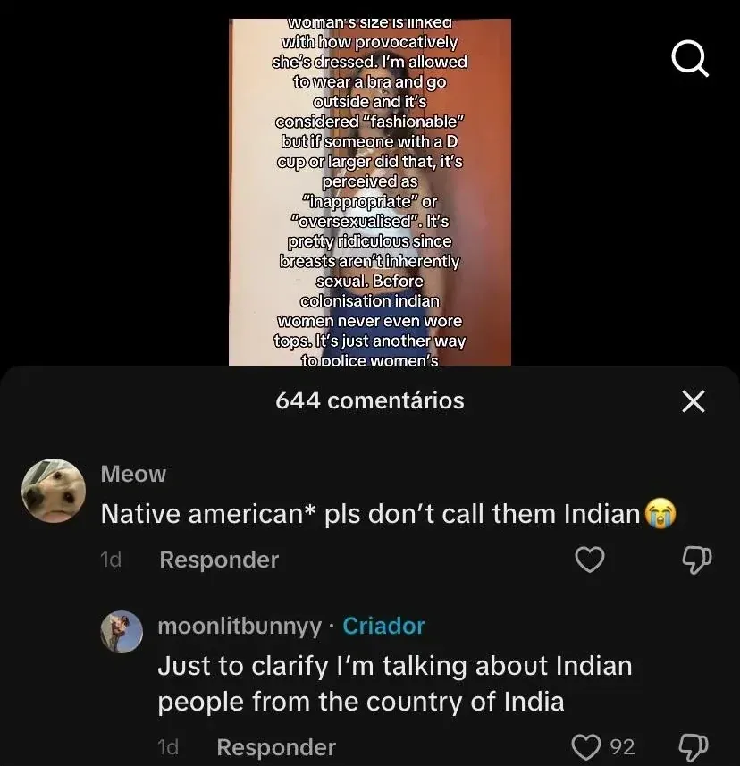 TikTok comment thread. Post about Indian women. Reply (username redacted, 1d): "Native american*" with nerd emoji. Creator reply (1d): "Indian people from the country of India"