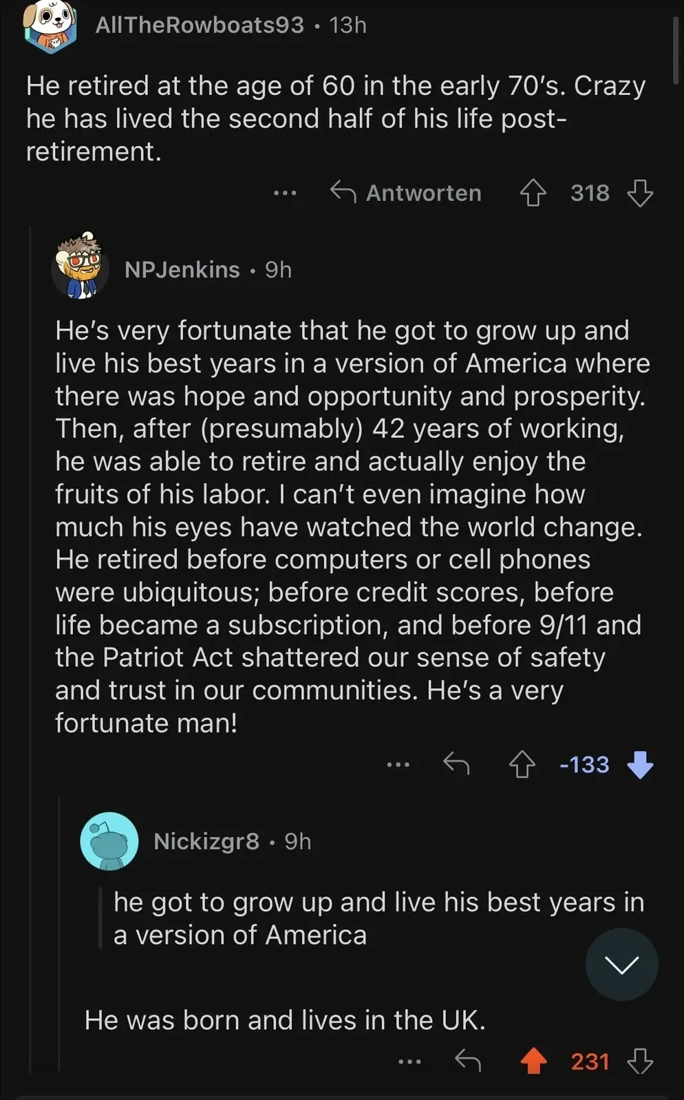 Reddit comment thread. Post about a man who retired at 60. MoneyBadgerEx (12h): "Thank God for sensible men like this. This is a version of America I can believe in." Reply: Gizmoosis (12h): "He was born and lives in the UK..."