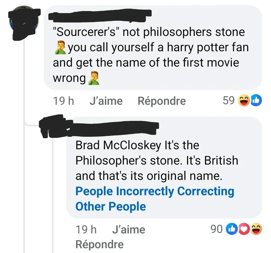 Facebook comment thread (French interface - "J'aime" button). Post about Harry Potter. Comment (username redacted): "It's the Sourcerer's not philosophers stone. If you're going to try to be clever at least get the name right ffs." Reply: "It's the Philosopher's stone. It's British. It was only called the Sorcerer's Stone in the US."