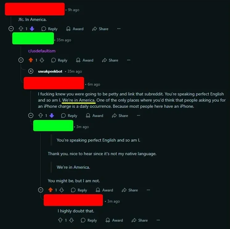 Reddit comment thread. Post linking to r/usdefaultism. Reply (username redacted, -12 downvotes): "We're in America. Reddit is an American site." Reply: "No, we're on the internet. The internet is not a country." Reply (-9 downvotes): "It was invented in America, and is hosted on American servers." Reply: "It was actually invented by Tim Berners-Lee, a Brit, while he worked at CERN, in Switzerland"