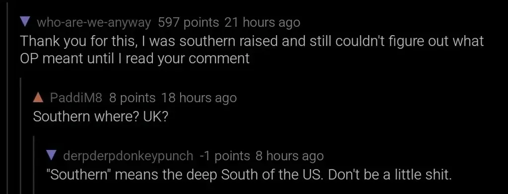 Reddit comment thread. who-are-we-anyway (21 hours ago): "Thank you for this, I was southern raised and still couldn't figure out what OP meant until I read your comment". Reply: PaddiM8 (18 hours ago): "Southern where? UK?" Reply: derpderpdonkeypunch (-1 points, 8 hours ago): ""Southern" means the deep South of the US. Don't be a little shit."