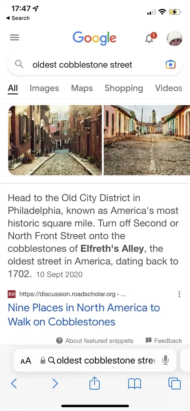 Google search results on iPhone. Search query: "oldest cobblestone street". Featured snippet showing photo of a narrow cobblestone alley (Elfreth's Alley in Philadelphia) with colourful historic buildings. Text: "Head to the Old City District in Philadelphia, known as America's most historic square mile. Turn off Second or North Front Street onto the cobblestones of Elfreth's Alley, the oldest street in America, dating back to 1702." Second result from discussion.roadscholar.org: "Nine Places in North America to Walk on Cobblestones"