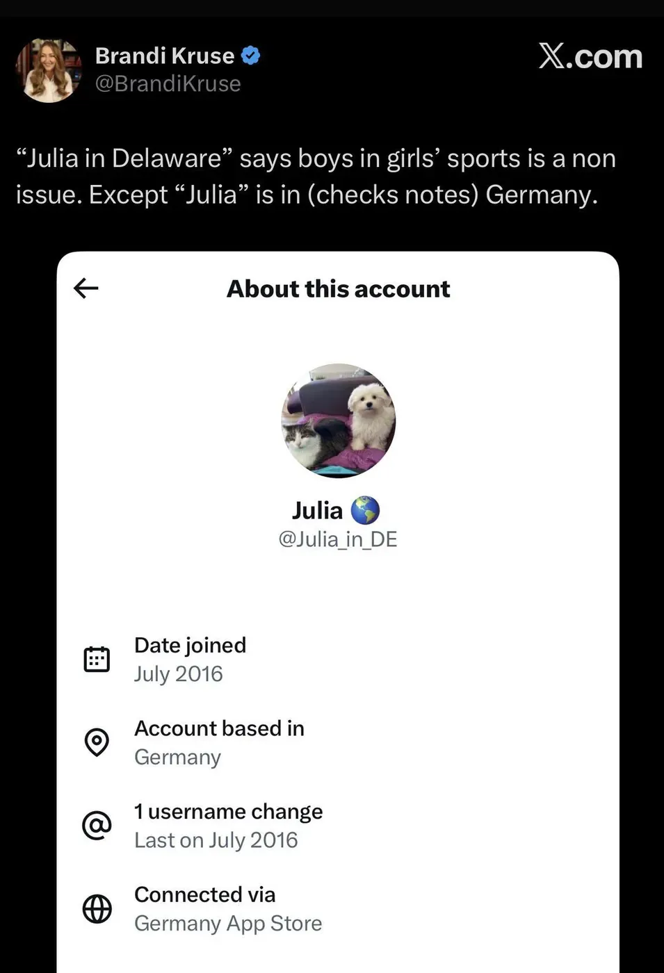 Twitter/X post. Brandi Kruse (verified) @BrandiKruse: "\"Julia in Delaware\" says boys in girls' sports is a non issue. Except \"Julia\" is in (checks notes) Germany." Below is a screenshot of the "About this account" page for Julia @Julia_in_DE showing a profile photo of a cat and small white dog, Date joined July 2016, Account based in Germany, 1 username change Last on July 2016, Connected via Germany App Store