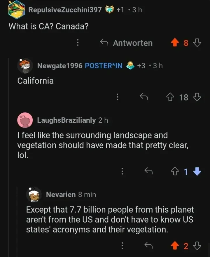 Reddit comment thread (German interface - Antworten, POSTER*IN tag). RepulsiveZucchini397 (+1, 3 h): "What is CA? Canada?" Reply: Newgate1996 POSTER*IN (+3, 3 h): "California". Reply: LaughsBrazilianly (2 h, -1 downvotes): "I feel like the surrounding landscape and vegetation should have made that pretty clear, lol." Reply: Nevarien (8 min): "Except that 7.7 billion people from this planet aren't from the US and don't have to know US states' acronyms and their vegetation."