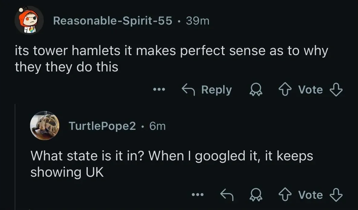 Reddit comment thread. Reasonable-Spirit-55 (39m): "its tower hamlets it makes perfect sense as to why they they do this". Reply: TurtlePope2 (turtle avatar, 6m): "What state is it in? When I googled it, it keeps showing UK"